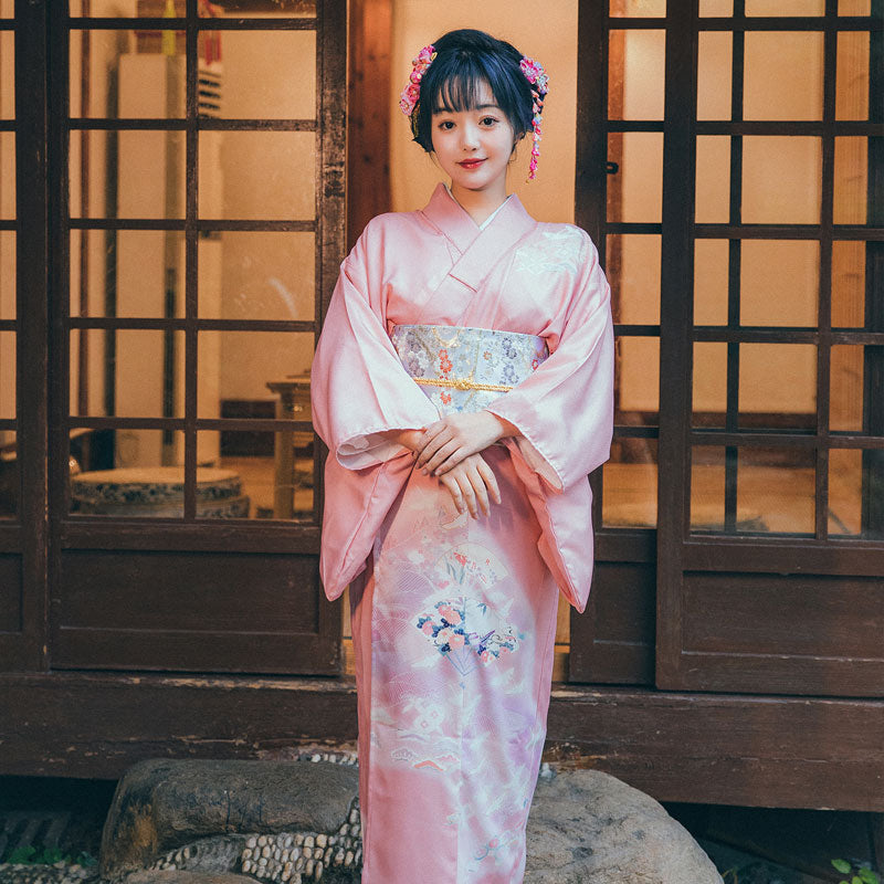 Women Pink Crane Yukata Robe and Obi Belt Set