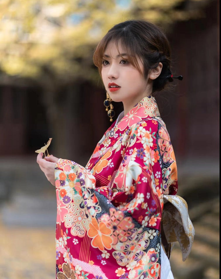 Women Red Blossom Yukata Robe and Obi Belt Set