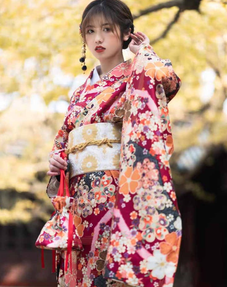 Women Red Blossom Yukata Robe and Obi Belt Set