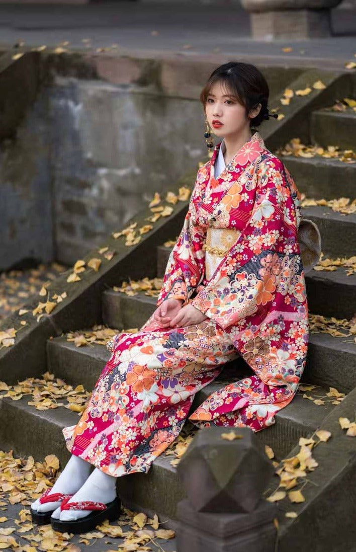 Women Red Blossom Yukata Robe and Obi Belt Set