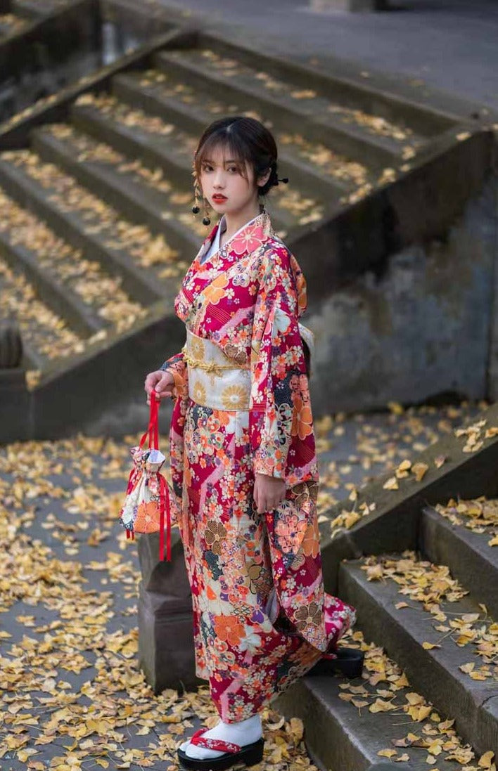 Women Red Blossom Yukata Robe and Obi Belt Set