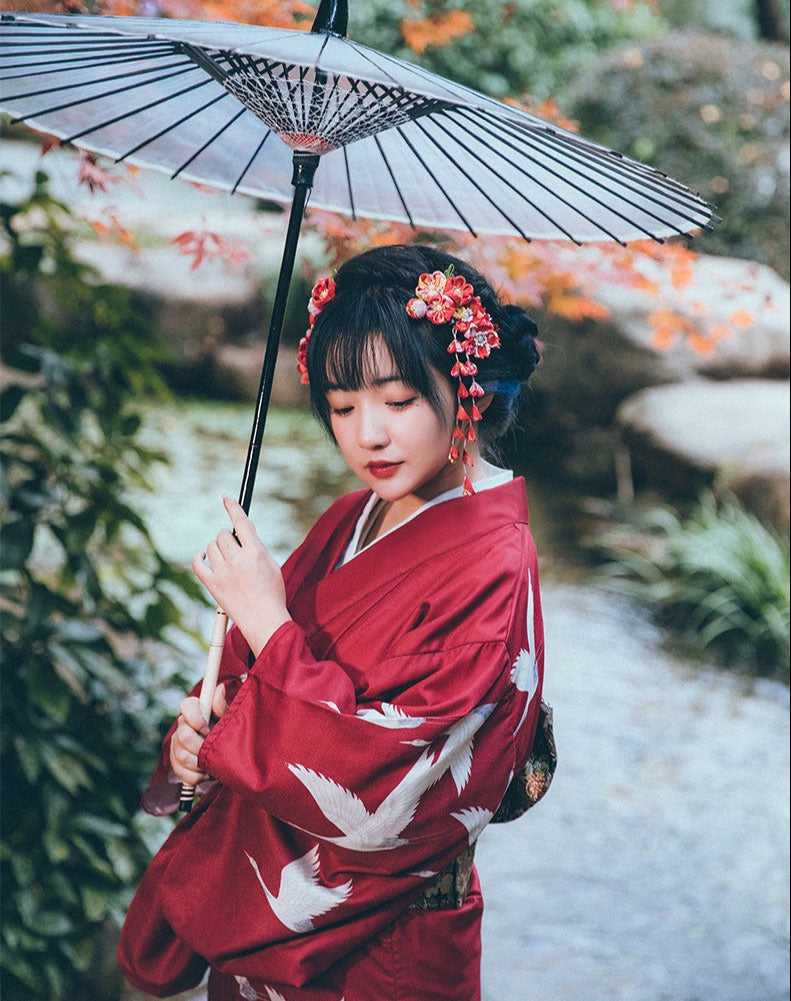 Women Red Crane Yukata Robe