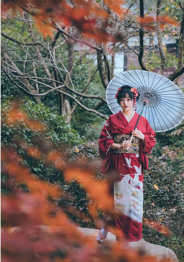 Women Red Crane Yukata Robe