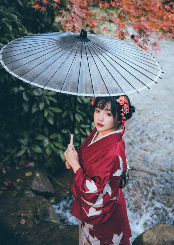 Women Red Crane Yukata Robe