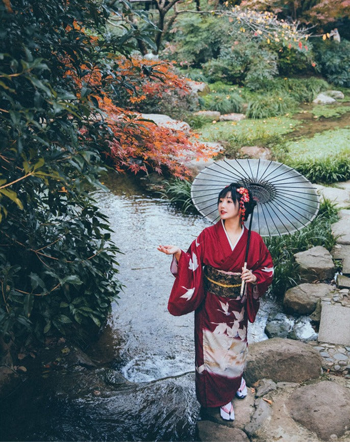 Women Red Crane Yukata Robe