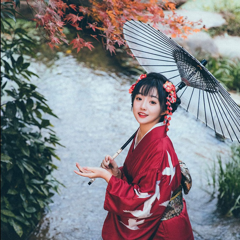 Women Red Crane Yukata Robe